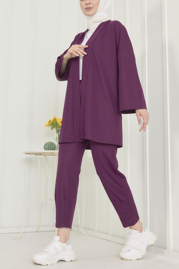 Düz Orta Kadın Mor Hırka+Pantolon - 11656
