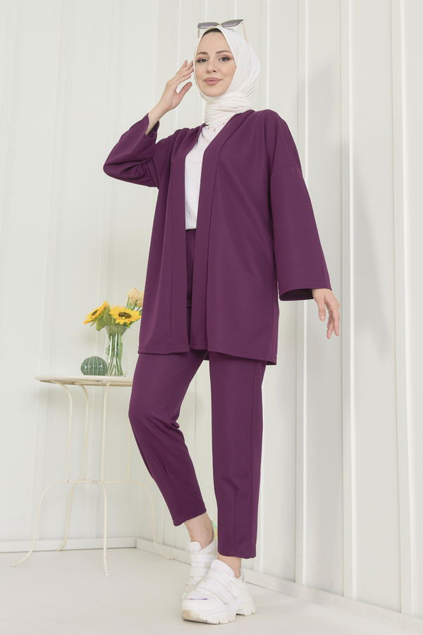 Düz Orta Kadın Mor Hırka+Pantolon - 11656