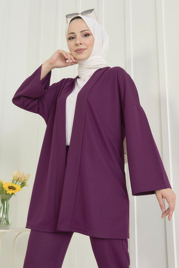 Düz Orta Kadın Mor Hırka+Pantolon - 11656