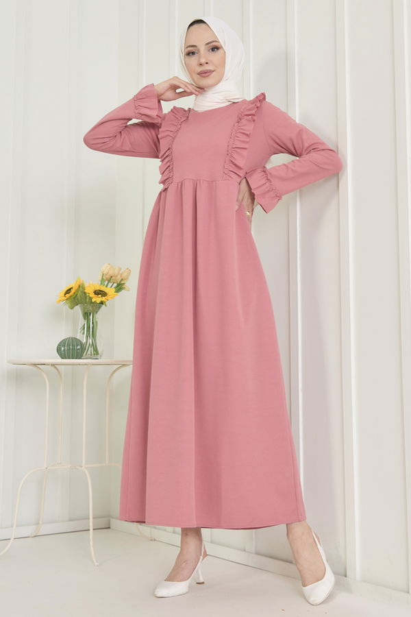 Düz Bisiklet Yaka Kadın Pembe Elbise - 22557