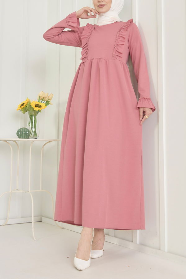 Düz Bisiklet Yaka Kadın Pembe Elbise - 22557