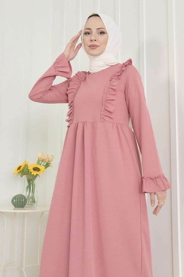 Düz Bisiklet Yaka Kadın Pembe Elbise - 22557