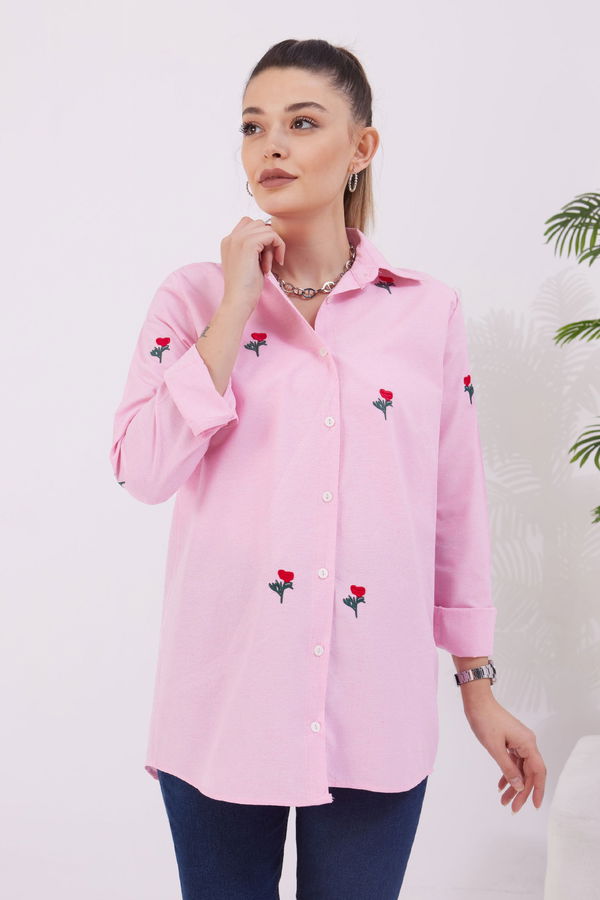 Düz Gömlek Yaka Kadın Pembe Gömlek - 11418
