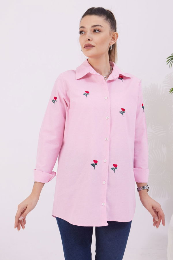 Düz Gömlek Yaka Kadın Pembe Gömlek - 11418