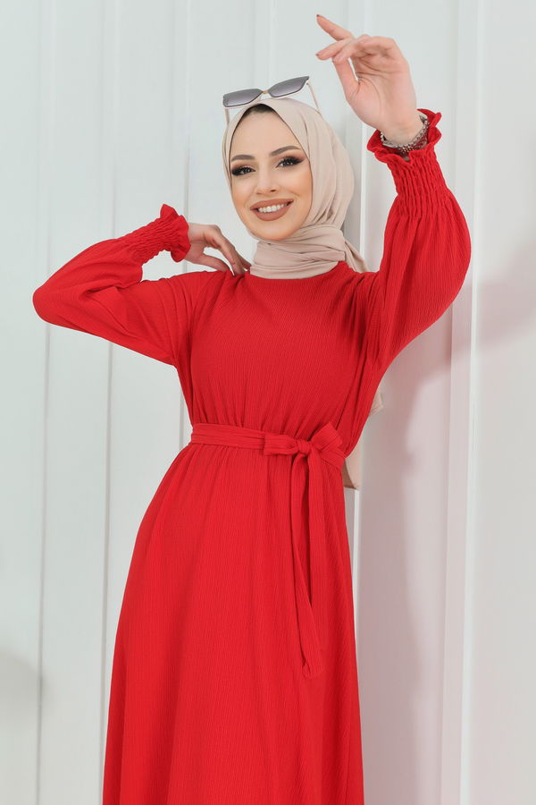 Düz Orta Kadın Kırmızı Elbise - 11435