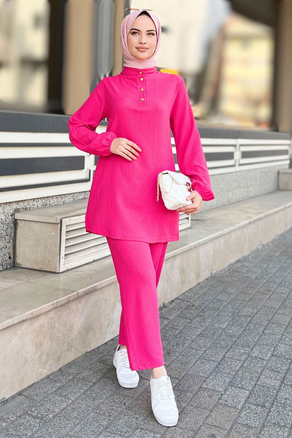 Düz Hakim Yaka Kadın Fuşya Tunik+Pantolon - 11586