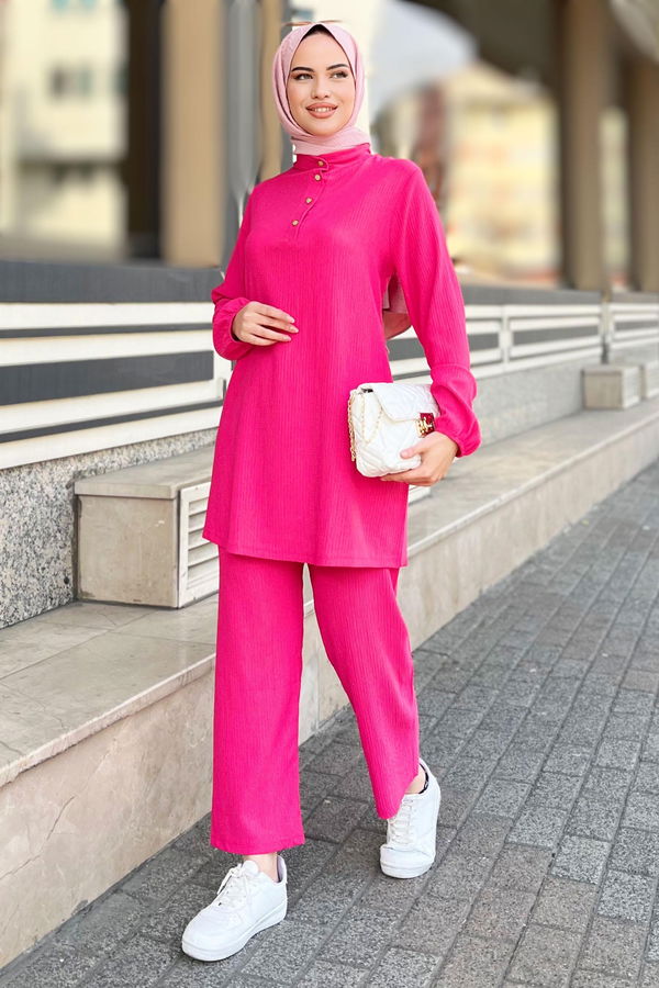 Düz Hakim Yaka Kadın Fuşya Tunik+Pantolon - 11586