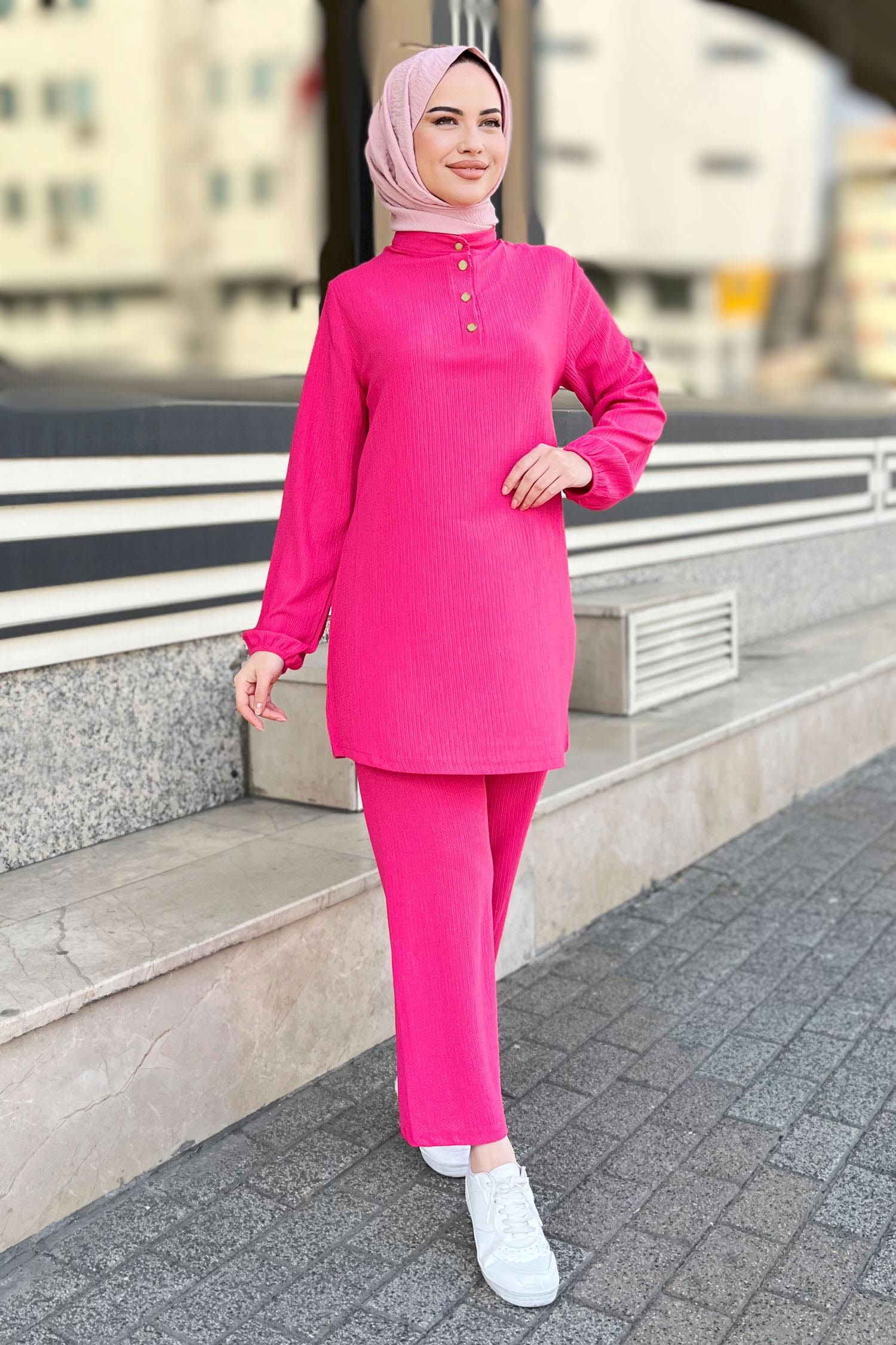 Düz Hakim Yaka Kadın Fuşya Tunik+Pantolon - 11586