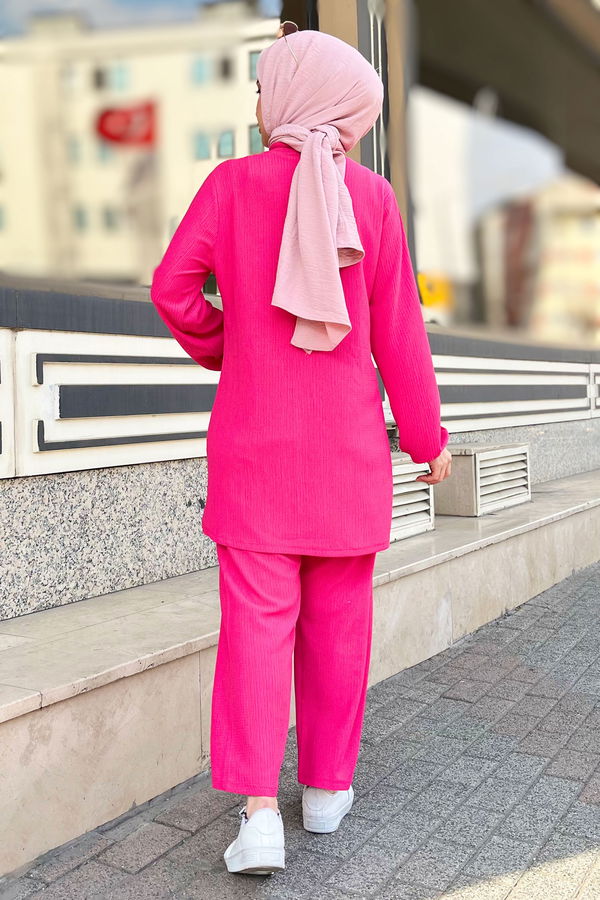 Düz Hakim Yaka Kadın Fuşya Tunik+Pantolon - 11586