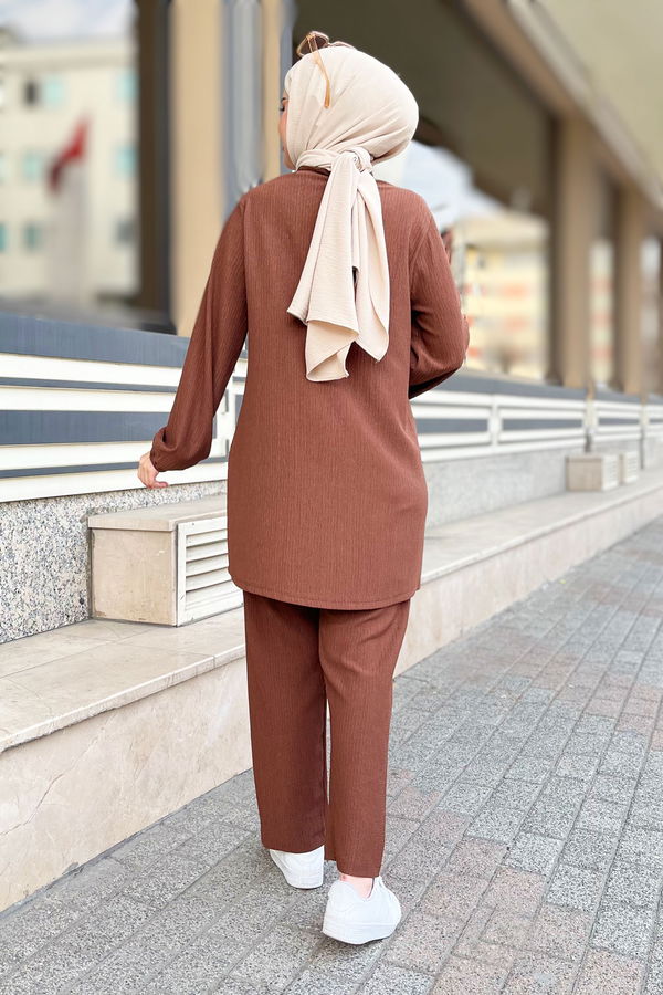 Düz Hakim Yaka Kadın Kahverengi Tunik+Pantolon - 11586