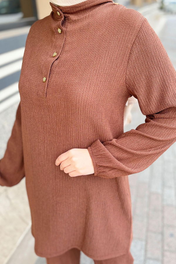 Düz Hakim Yaka Kadın Kahverengi Tunik+Pantolon - 11586