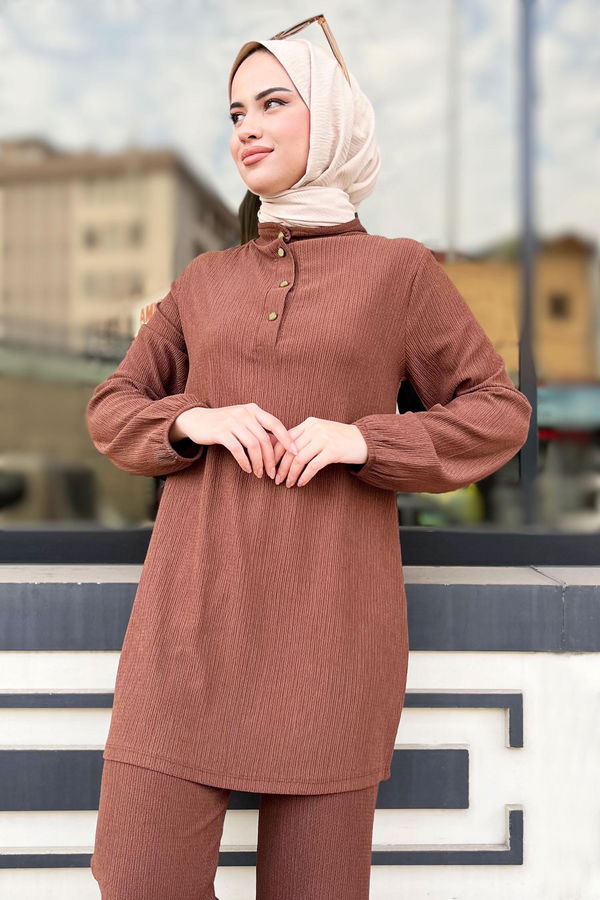 Düz Hakim Yaka Kadın Kahverengi Tunik+Pantolon - 11586