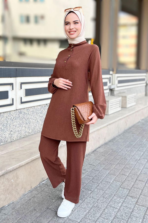 Düz Hakim Yaka Kadın Kahverengi Tunik+Pantolon - 11586