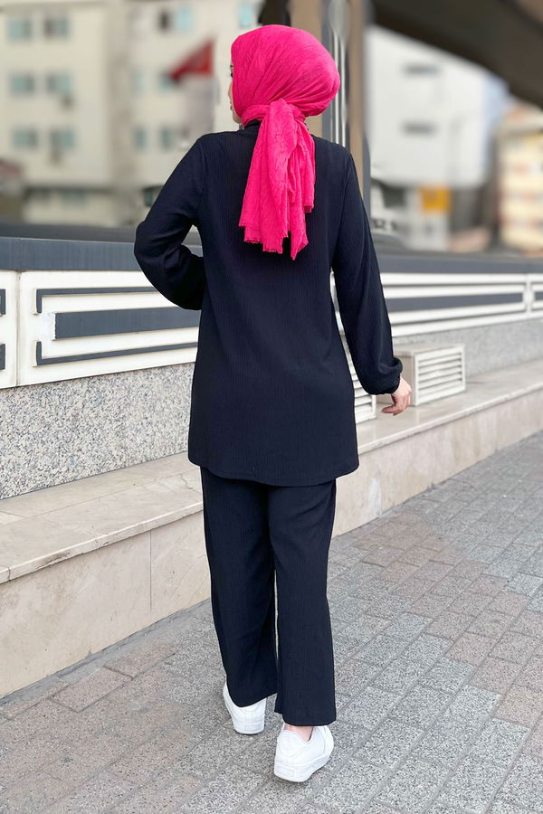 Düz Hakim Yaka Kadın Siyah Tunik+Pantolon - 11586