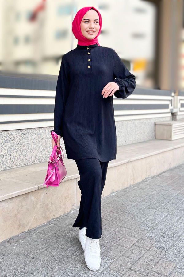 Düz Hakim Yaka Kadın Siyah Tunik+Pantolon - 11586