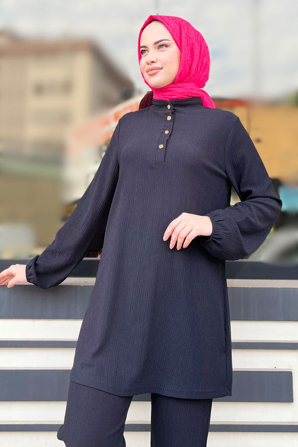 Düz Hakim Yaka Kadın Siyah Tunik+Pantolon - 11586