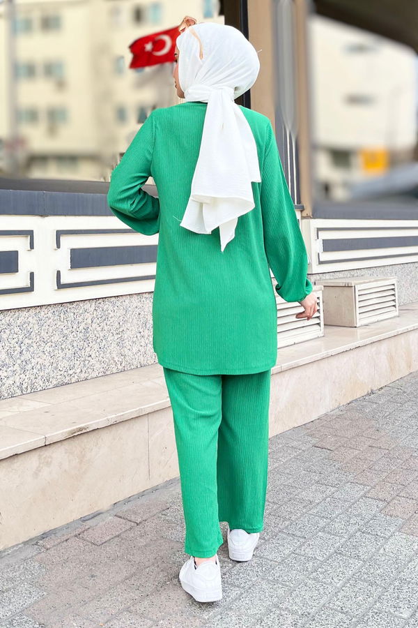 Düz Hakim Yaka Kadın Yeşil Tunik+Pantolon - 11586
