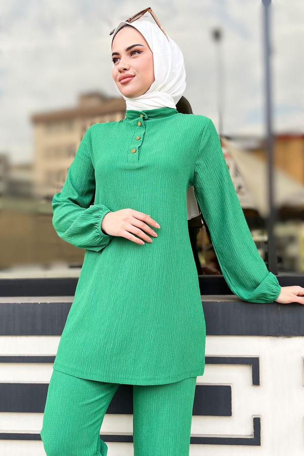 Düz Hakim Yaka Kadın Yeşil Tunik+Pantolon - 11586