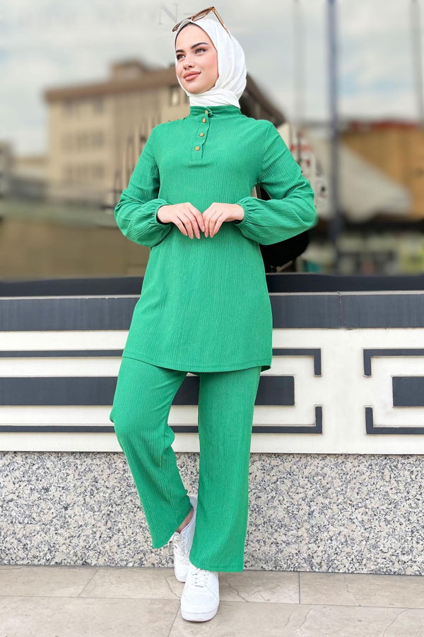 Düz Hakim Yaka Kadın Yeşil Tunik+Pantolon - 11586