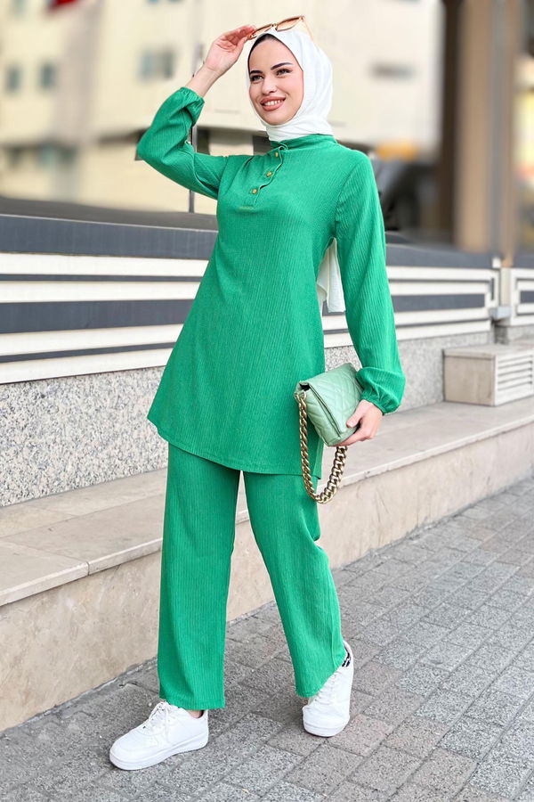 Düz Hakim Yaka Kadın Yeşil Tunik+Pantolon - 11586