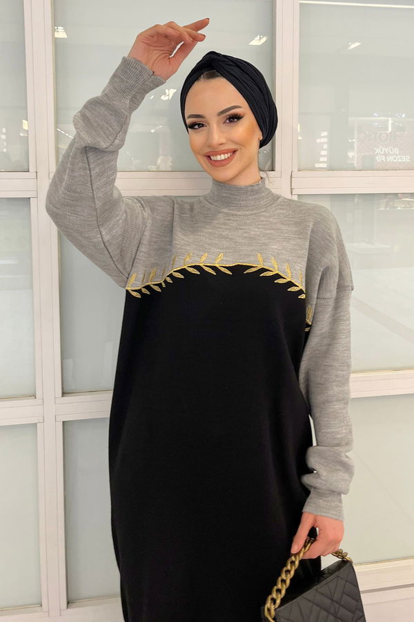 Düz Hakim Yaka Kadın Vizon Triko Elbise - 22195 VİZON
