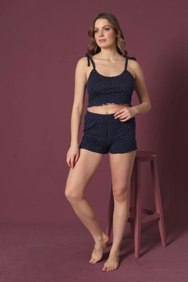 Düz Bisiklet Yaka Kadın Lacivert Crop+Şort - 22479 LACİVERT
