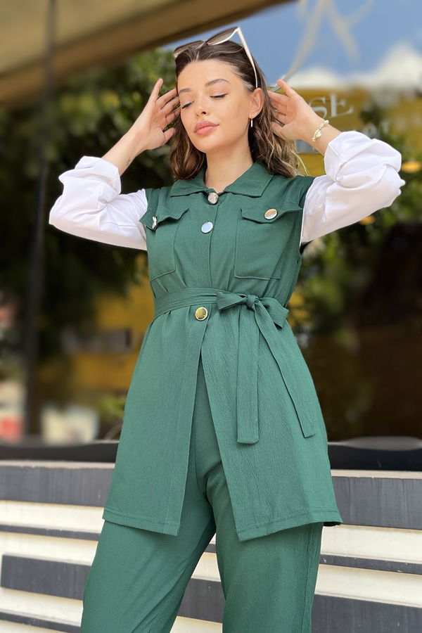 Düz Gömlek Yaka Kadın Yeşil Yelek+Pantolon - 11449