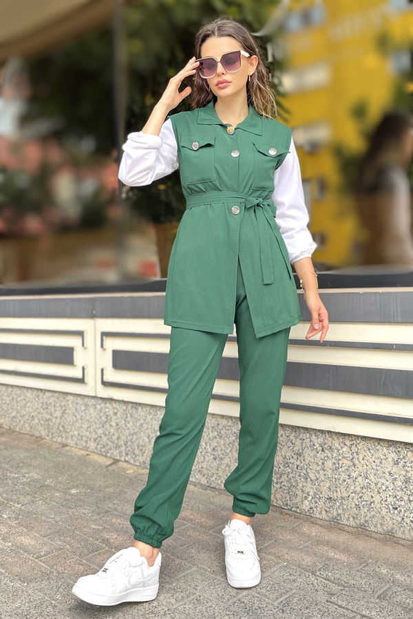 Düz Gömlek Yaka Kadın Yeşil Yelek+Pantolon - 11449