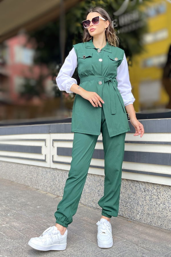 Düz Gömlek Yaka Kadın Yeşil Yelek+Pantolon - 11449