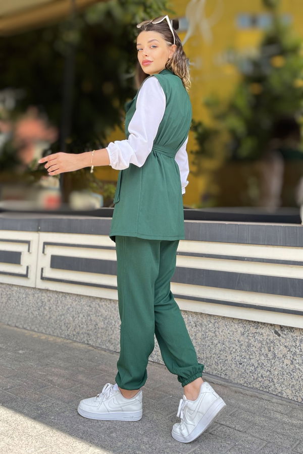 Düz Gömlek Yaka Kadın Yeşil Yelek+Pantolon - 11449