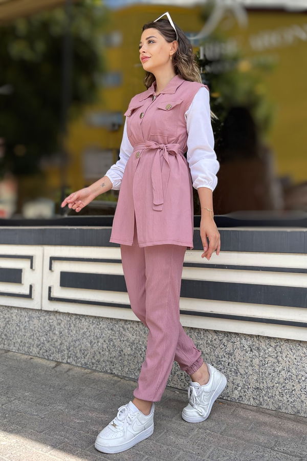 Düz Gömlek Yaka Kadın Pembe Yelek+Pantolon - 11449
