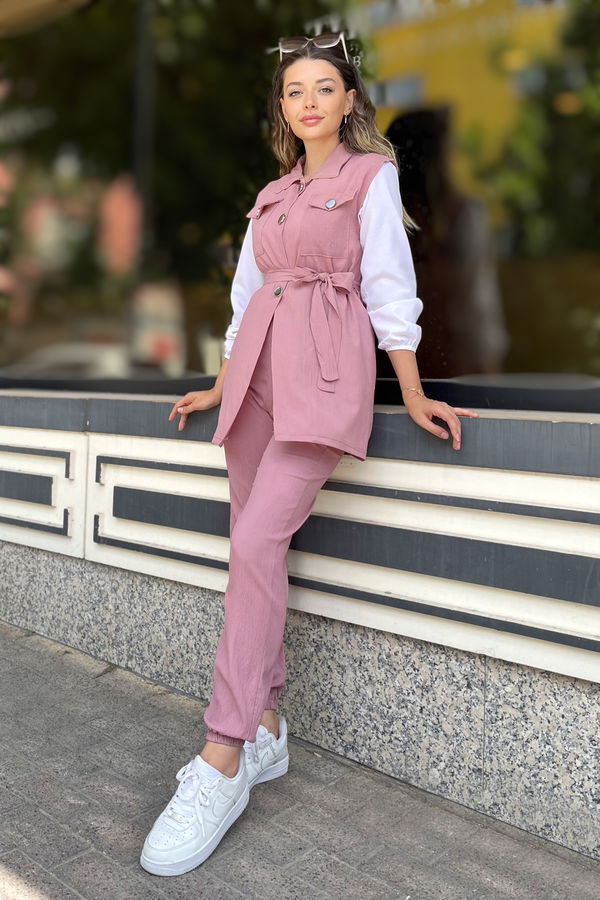 Düz Gömlek Yaka Kadın Pembe Yelek+Pantolon - 11449