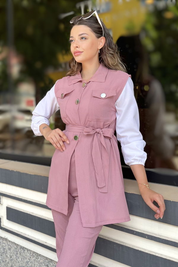 Düz Gömlek Yaka Kadın Pembe Yelek+Pantolon - 11449