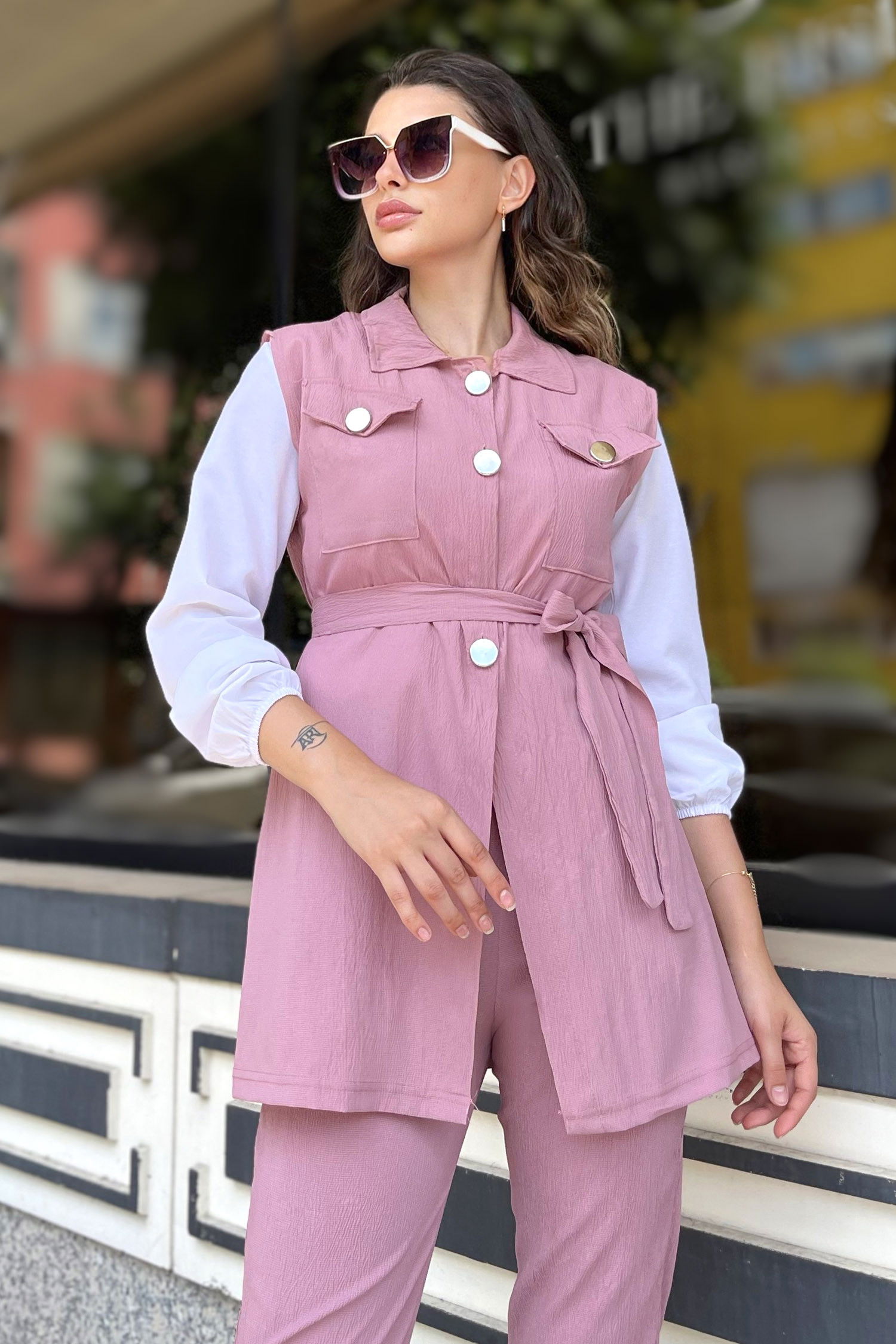 Düz Gömlek Yaka Kadın Pembe Yelek+Pantolon - 11449