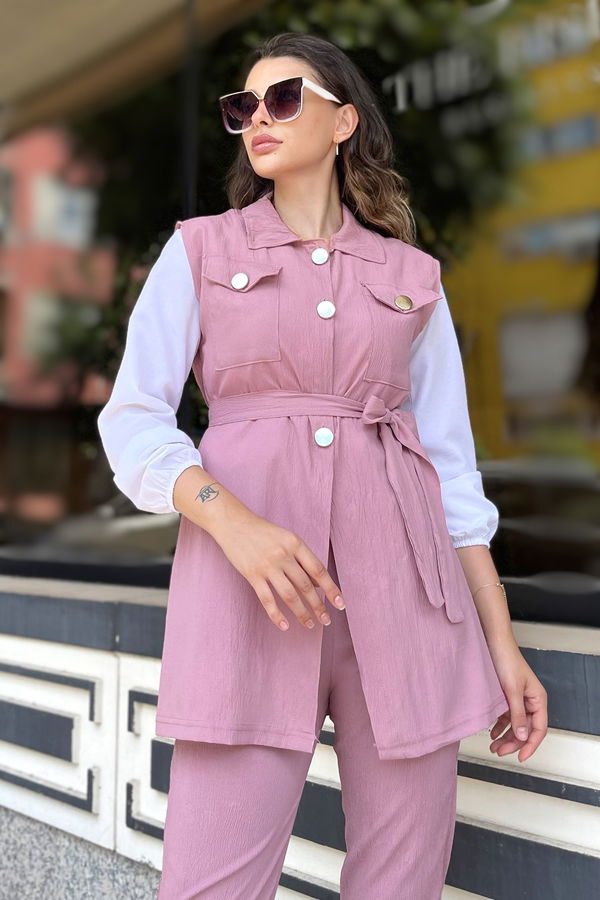 Düz Gömlek Yaka Kadın Pembe Yelek+Pantolon - 11449