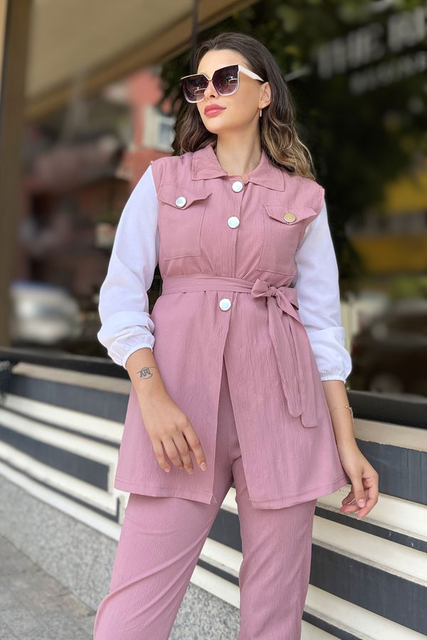 Düz Gömlek Yaka Kadın Pembe Yelek+Pantolon - 11449
