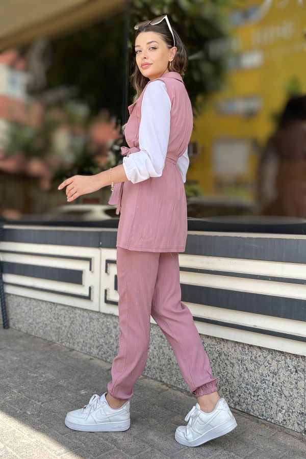 Düz Gömlek Yaka Kadın Pembe Yelek+Pantolon - 11449