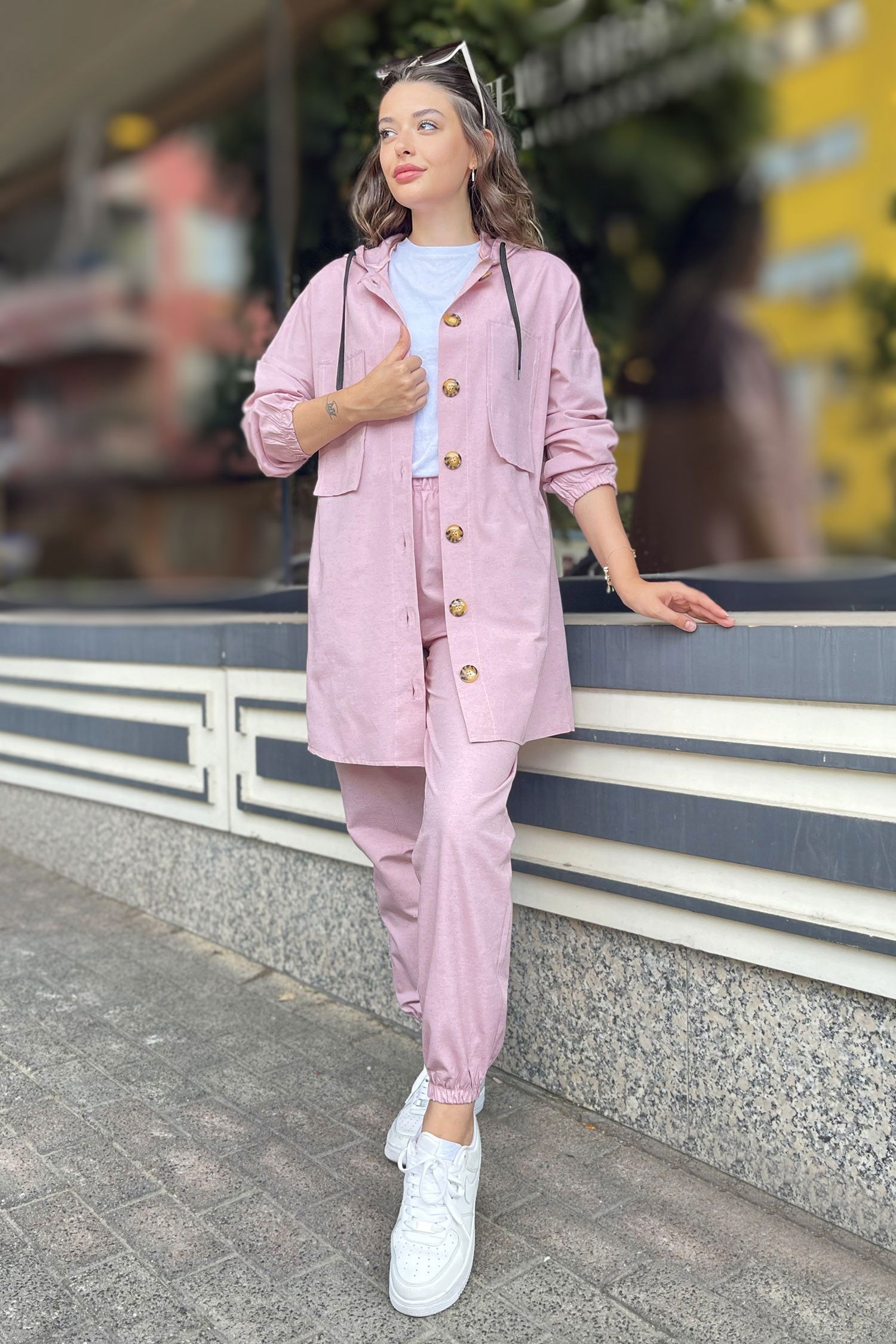 Düz Kapşonlu Yaka Kadın Pembe Tunik Pantolon - 11424 PEMBE