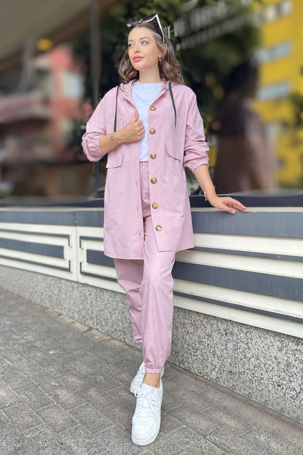 Düz Kapşonlu Yaka Kadın Pembe Tunik Pantolon - 11424 PEMBE