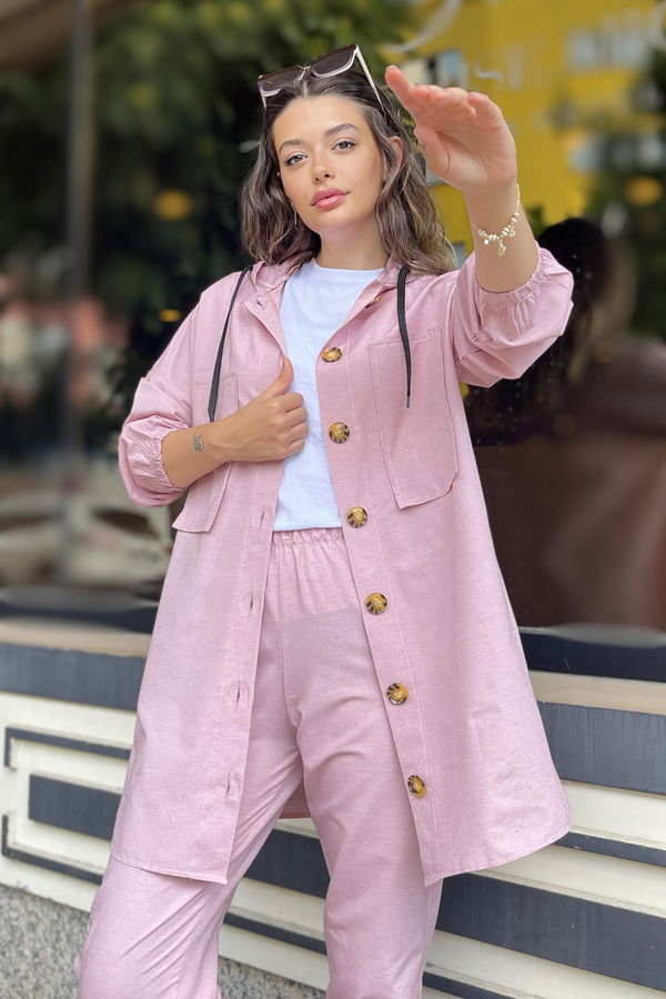Düz Kapşonlu Yaka Kadın Pembe Tunik Pantolon - 11424 PEMBE