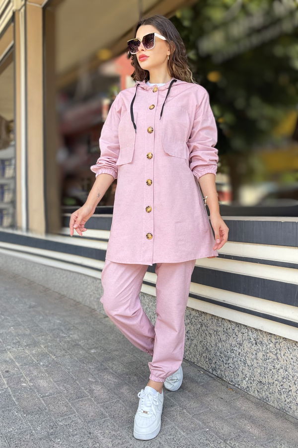Düz Kapşonlu Yaka Kadın Pembe Tunik Pantolon - 11424 PEMBE