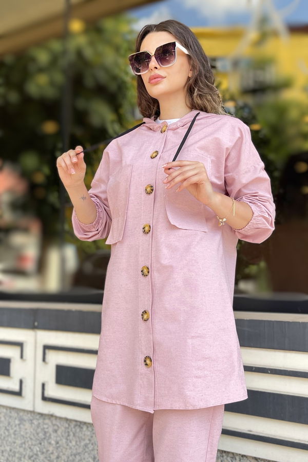 Düz Kapşonlu Yaka Kadın Pembe Tunik Pantolon - 11424 PEMBE