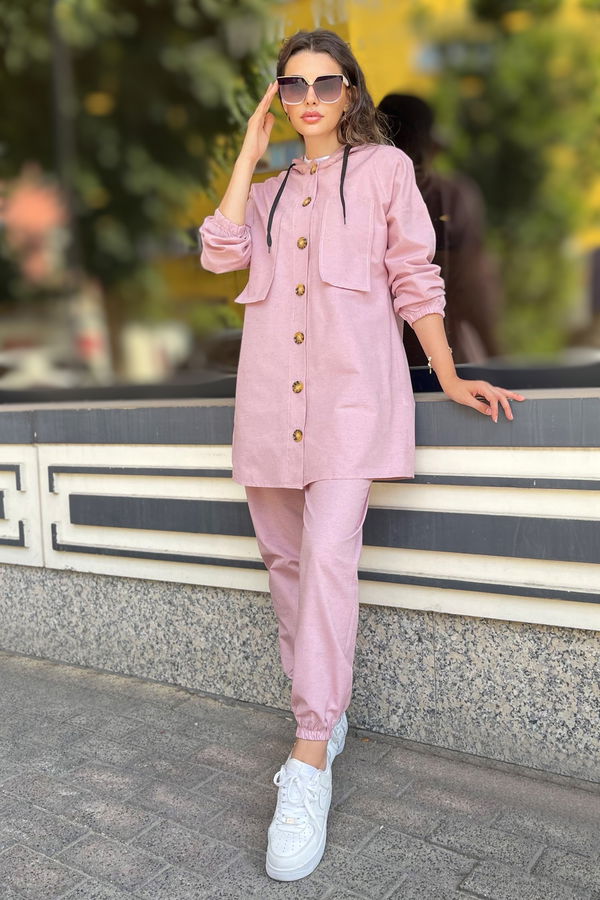 Düz Kapşonlu Yaka Kadın Pembe Tunik Pantolon - 11424 PEMBE