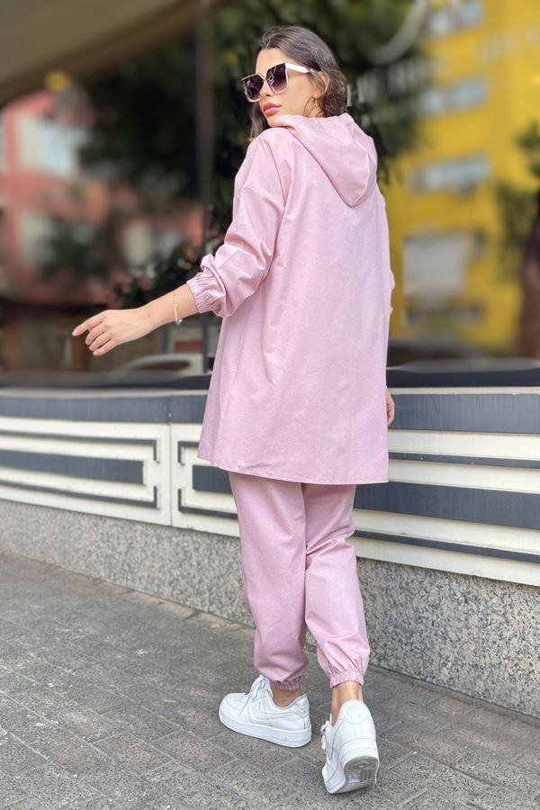 Düz Kapşonlu Yaka Kadın Pembe Tunik Pantolon - 11424 PEMBE