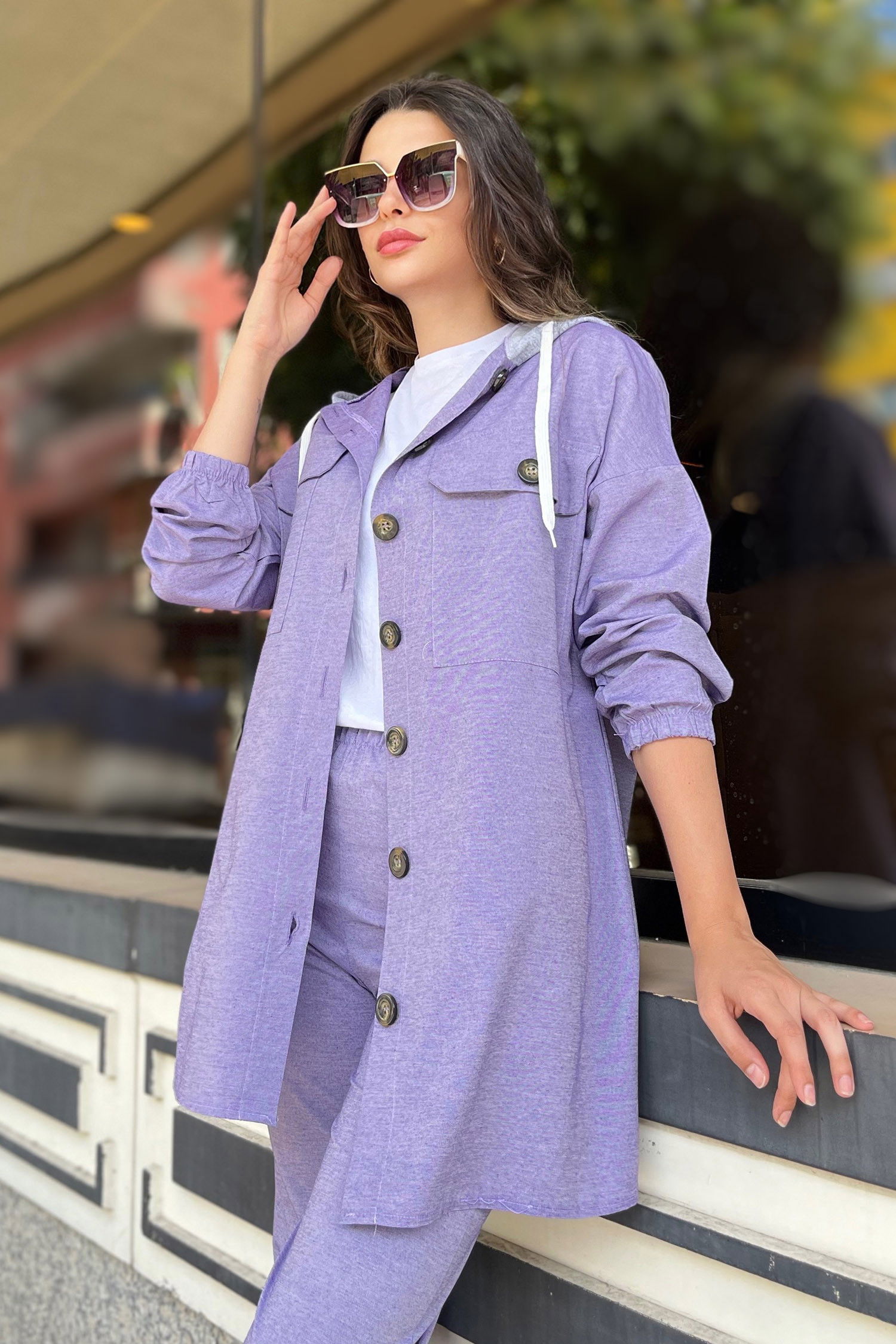 Düz Kapşonlu Yaka Kadın Mor Tunik Pantolon - 11423 MOR