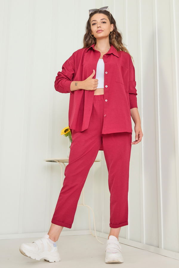 Düz Gömlek Yaka Kadın Bordo Tunik+Pantolon - 11508