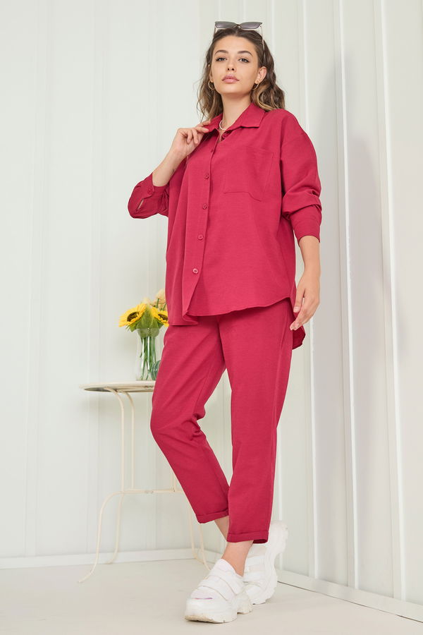 Düz Gömlek Yaka Kadın Bordo Tunik+Pantolon - 11508