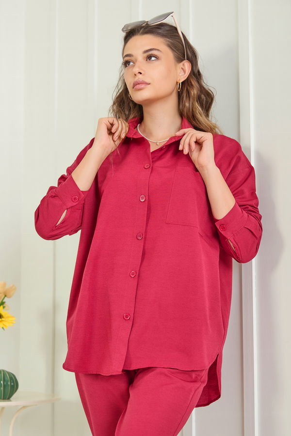 Düz Gömlek Yaka Kadın Bordo Tunik+Pantolon - 11508
