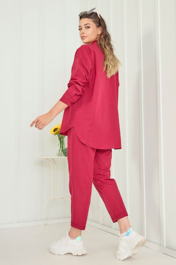 Düz Gömlek Yaka Kadın Bordo Tunik+Pantolon - 11508