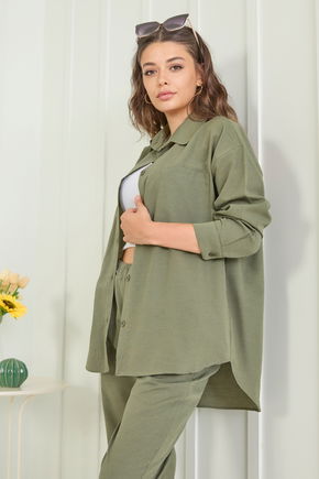 Düz Gömlek Yaka Kadın Haki Tunik+Pantolon - 11508